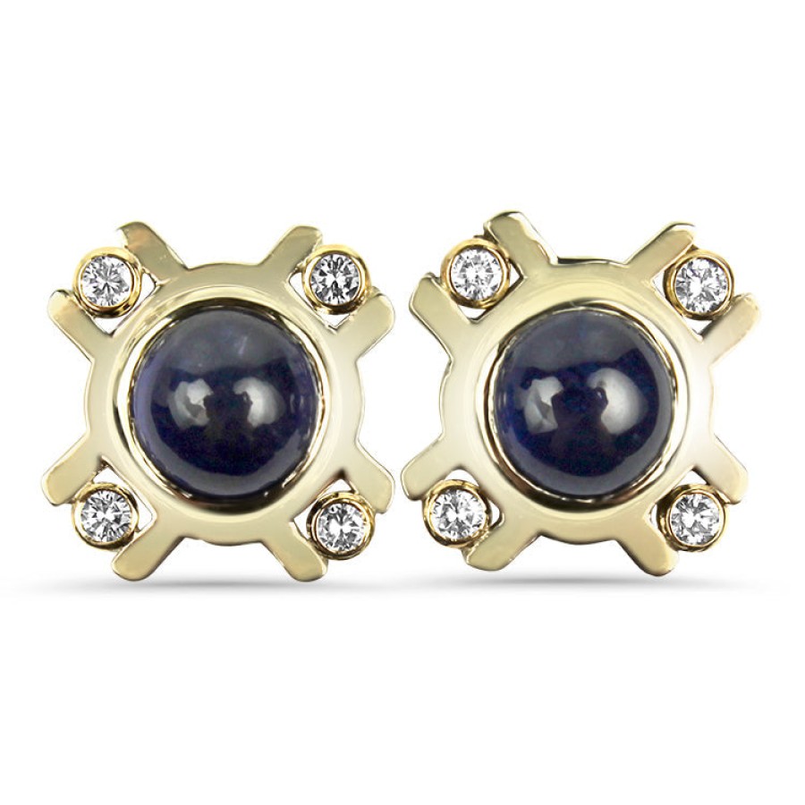 Estate PAGE Estate | Estate 14K Yellow Gold Cabochon Sapphire And Diamond Stud Earrings