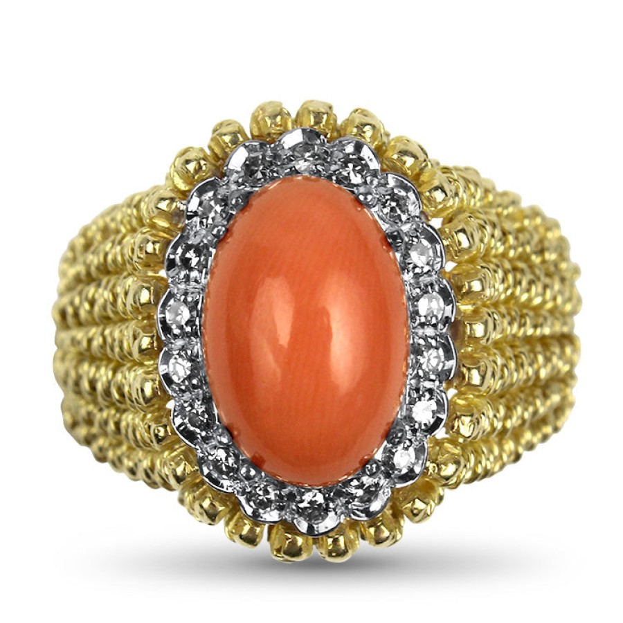 Estate PAGE Estate | Estate 18K Yellow Gold Coral And Diamond Ring