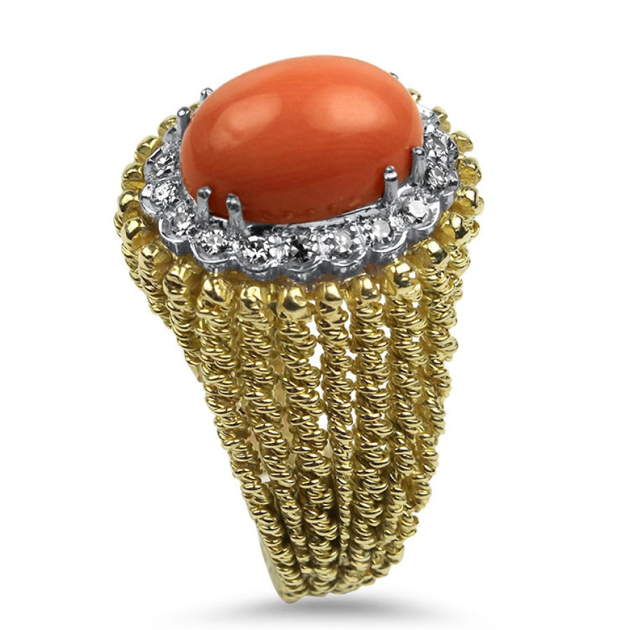 Estate PAGE Estate | Estate 18K Yellow Gold Coral And Diamond Ring