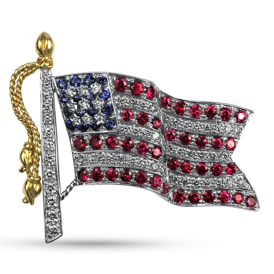 Estate PAGE Estate | Estate 18K Two-Tone Gold Diamond, Ruby And Sapphire Us Flag Pin