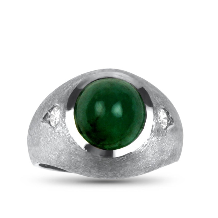 Estate PAGE Estate | Estate White Gold Gents Cabochon Emerald And Diamond Ring