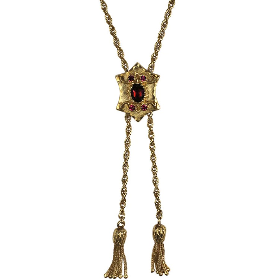 Estate PAGE Estate | Estate 14K Yellow Gold Open Rope Slide Tassel Garnet Necklace