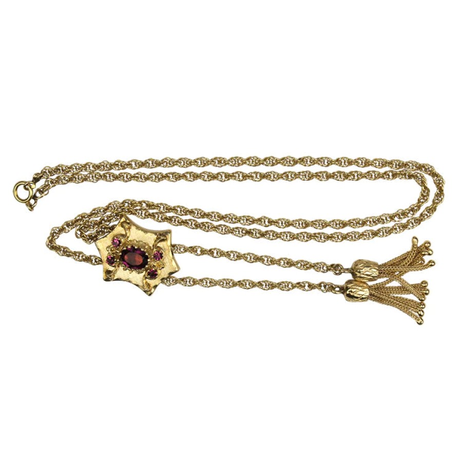 Estate PAGE Estate | Estate 14K Yellow Gold Open Rope Slide Tassel Garnet Necklace