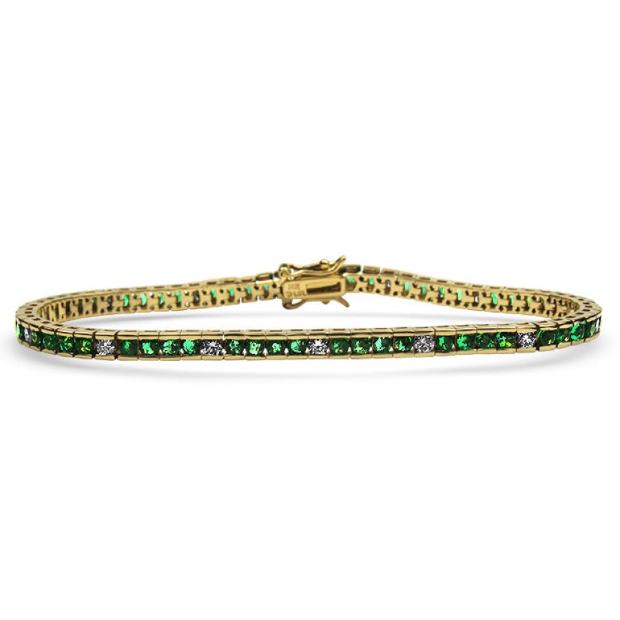 Estate PAGE Estate | Estate 14K Yellow Gold Emerald And Diamond Channel Set Tennis Bracelet