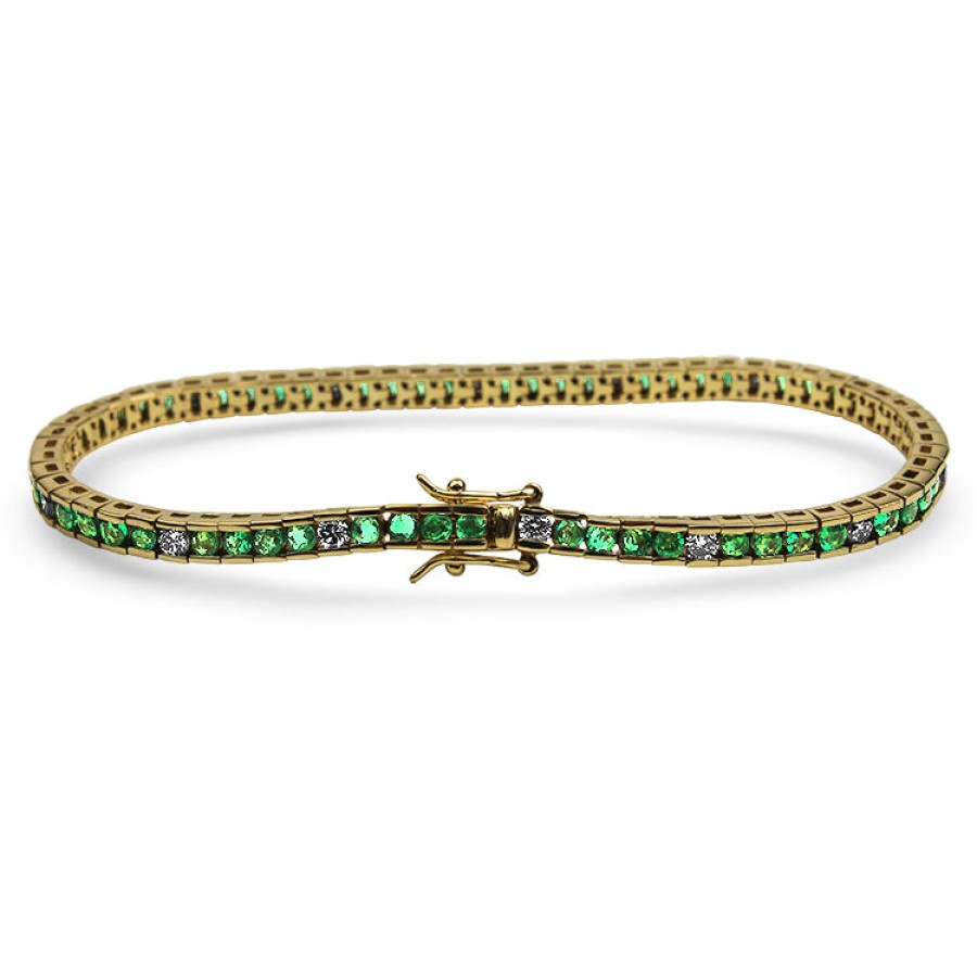 Estate PAGE Estate | Estate 14K Yellow Gold Emerald And Diamond Channel Set Tennis Bracelet