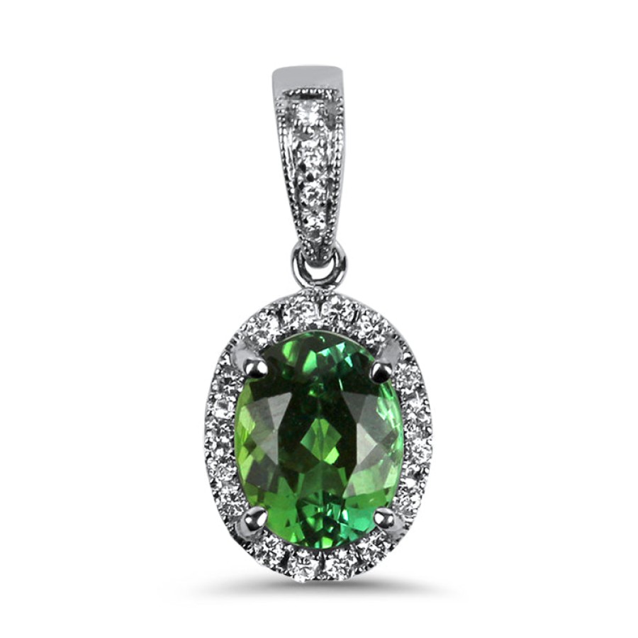 Jewelry Springer's Collection Pendants | 14K White Gold Oval Tourmaline And Diamond Halo Pendant