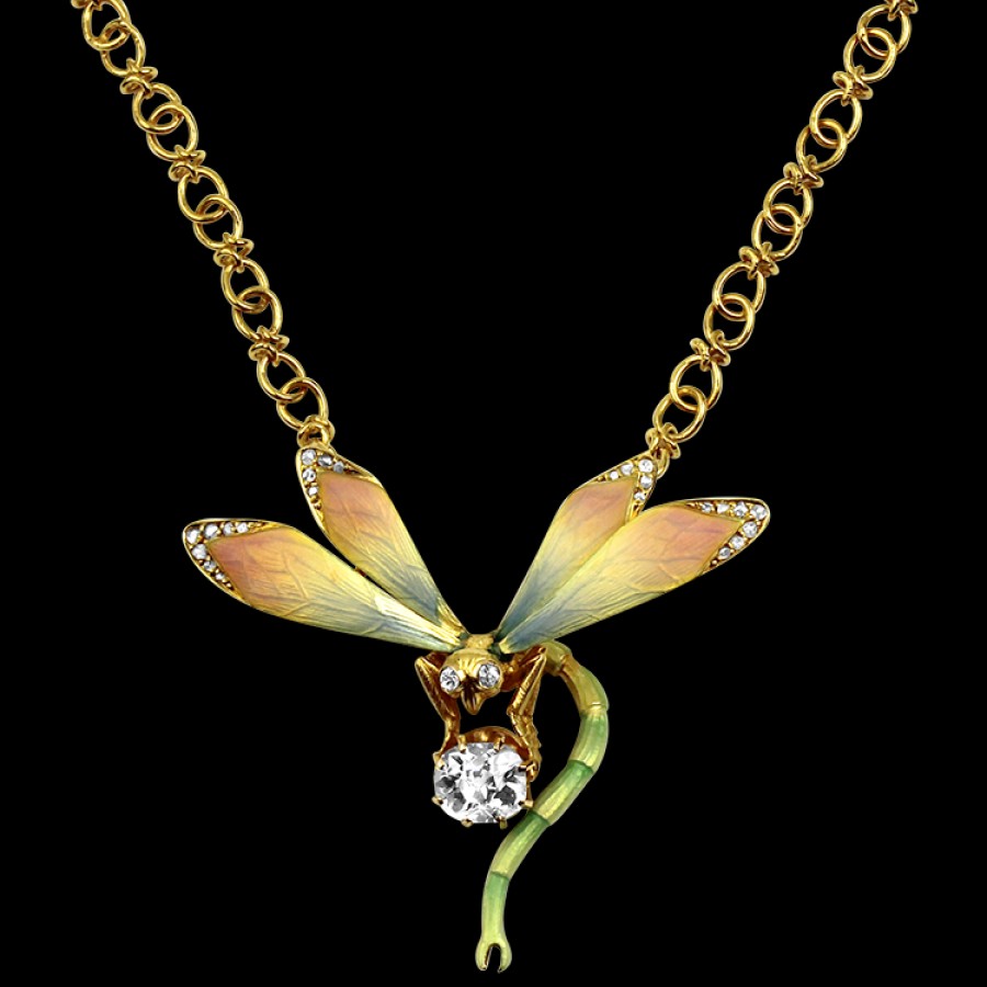 Estate PAGE Estate | Estate 18K Yellow Gold Art Nouveau Diamond Dragonfly Necklace