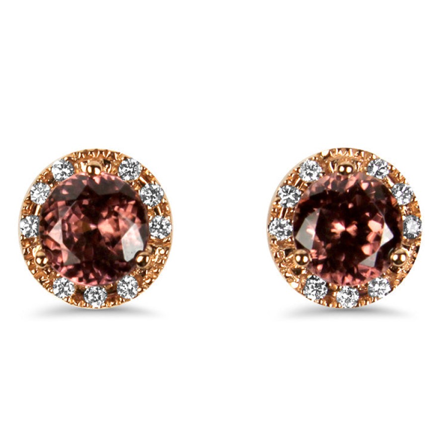 Jewelry Springer's Collection Stud Earrings | 18K Rose Gold Rose Zircon And Diamond Halo Style Studs