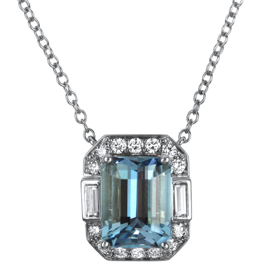 Jewelry Springer's Collection Pendants | 18K White Gold Aquamarine And Diamond Pendant