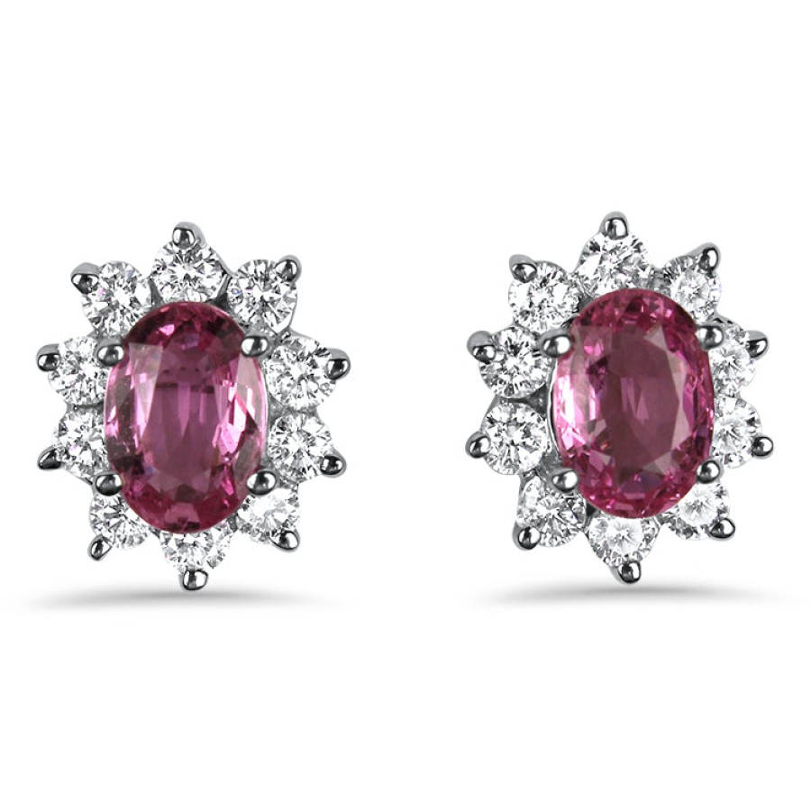 Jewelry Springer's Collection Stud Earrings | 18K White Gold Pair Of Pink Sapphire And Diamond Earrings