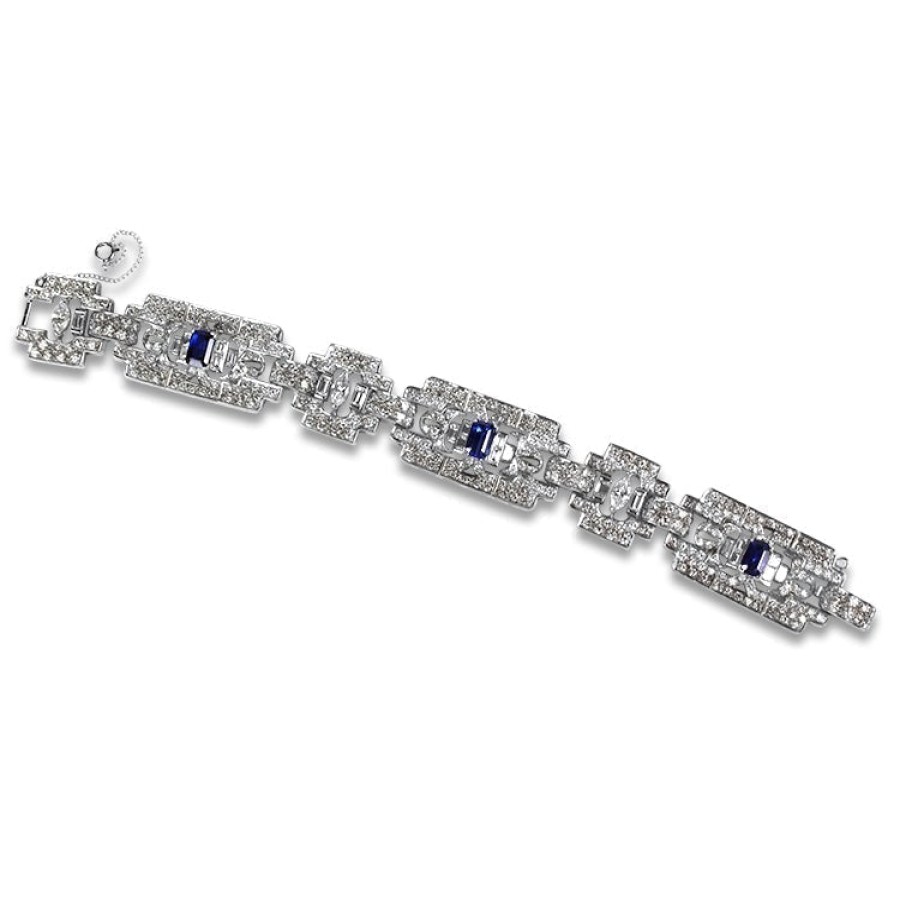 Estate PAGE Estate | Estate Platinum Diamond And Sapphire Art Deco Style Link Bracelet