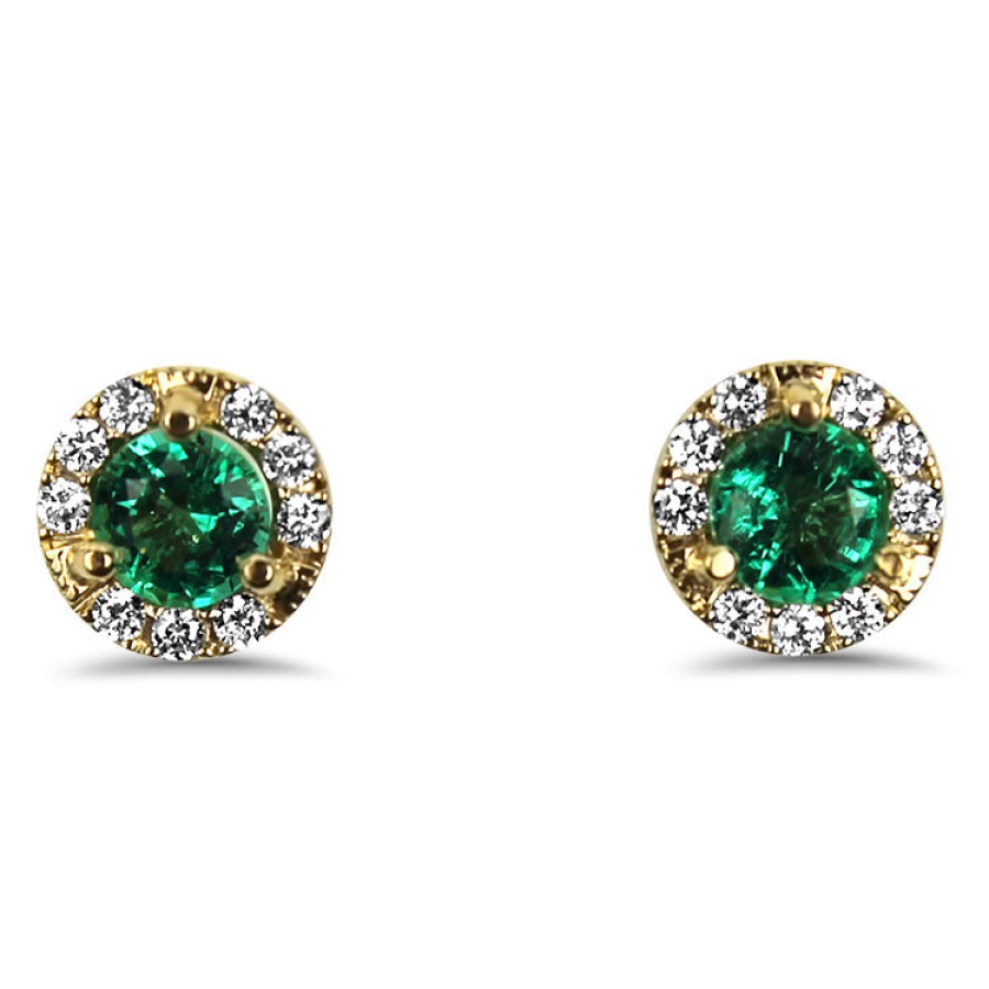 Jewelry Springer's Collection Stud Earrings | 14K Yellow Gold Emerald And Diamond Halo Stud Earrings