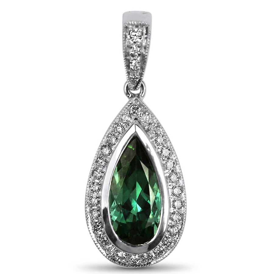 Jewelry Springer's Collection Diamond Necklaces & Pendants | 18K White Gold Pear Green-Blue Tourmaline And Diamond Pendant